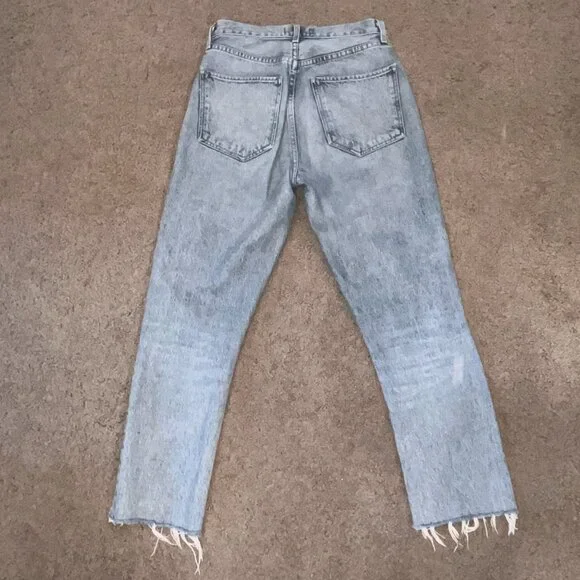 AGOLDE RILEY HIGH RISE STRAIGHT BLUE JEANS CROPPED RAW FRAYED HEM -  EUC - 26 - Picture 4 of 13